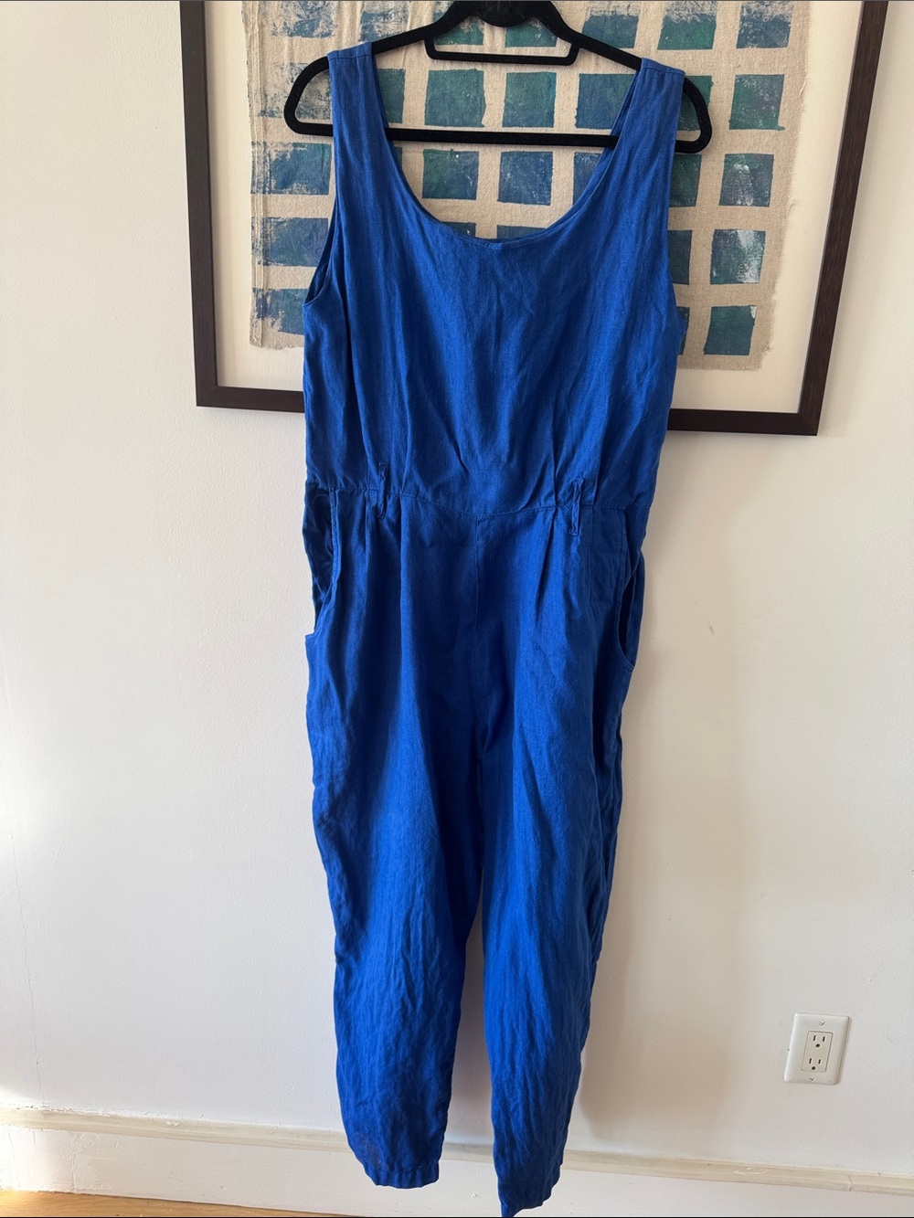 Black Crane Linen Jumpsuit Overalls Royal Blue Medium